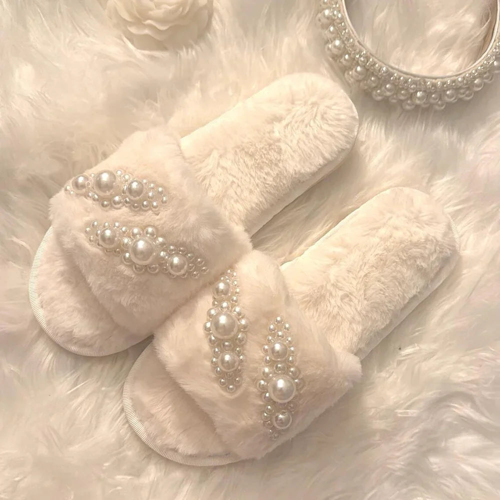 Fluffy Pearl Bridal Slippers | Wedding & Bridesmaid Gift