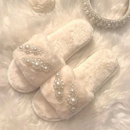 Fluffy Pearl Bridal Slippers | Wedding & Bridesmaid Gift Bridal Slippers Peaceful Pleasures Health and Wellness Slippers 36-37