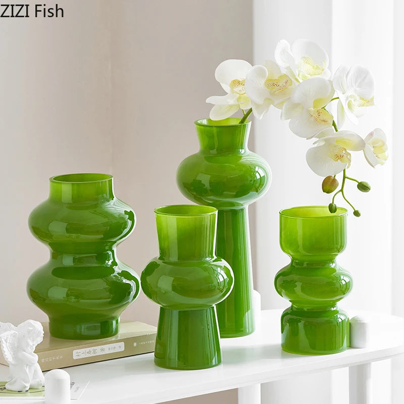 Green Glass Vase | Hydroponics Plant Pot & Floral Decor