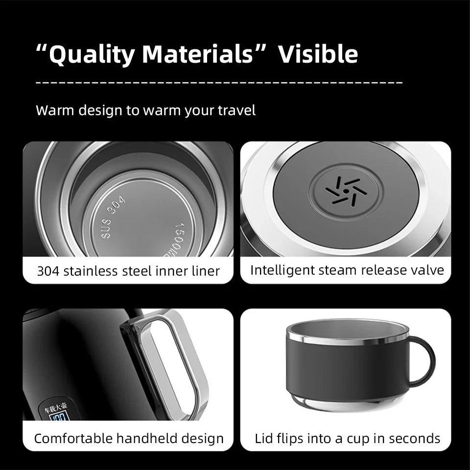 URGGU 12V/24V Car Electric Kettle 1500ml 304 Stainless Steel