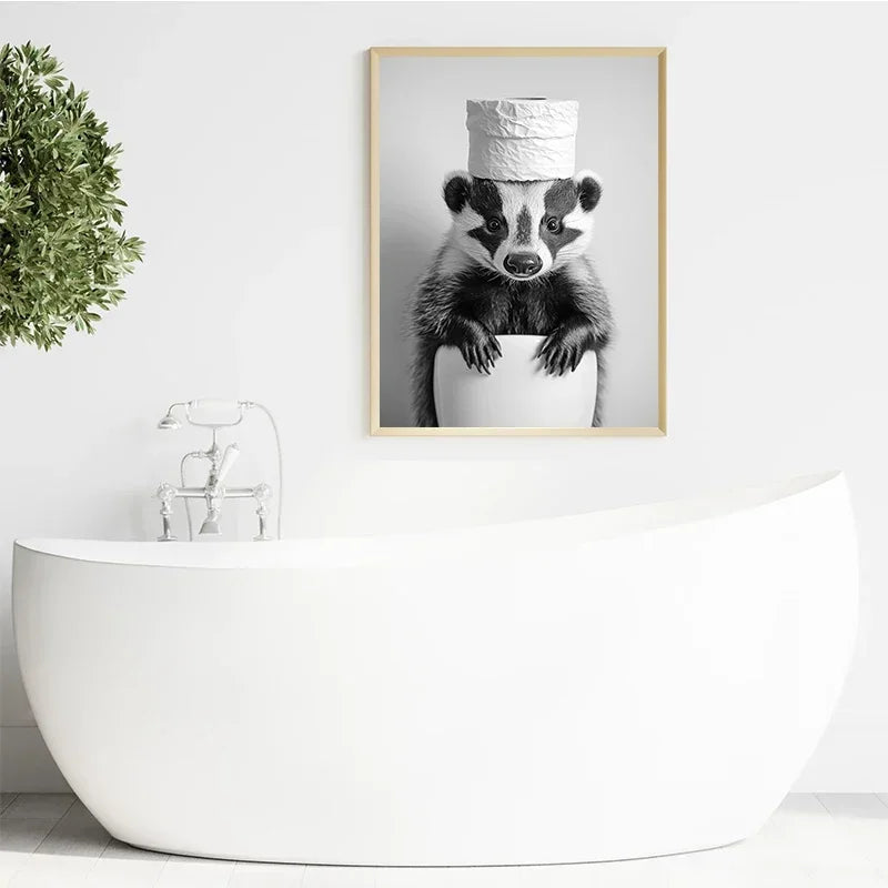 Black & White Cute Animal Toilet Paper Canvas Wall Art Poster