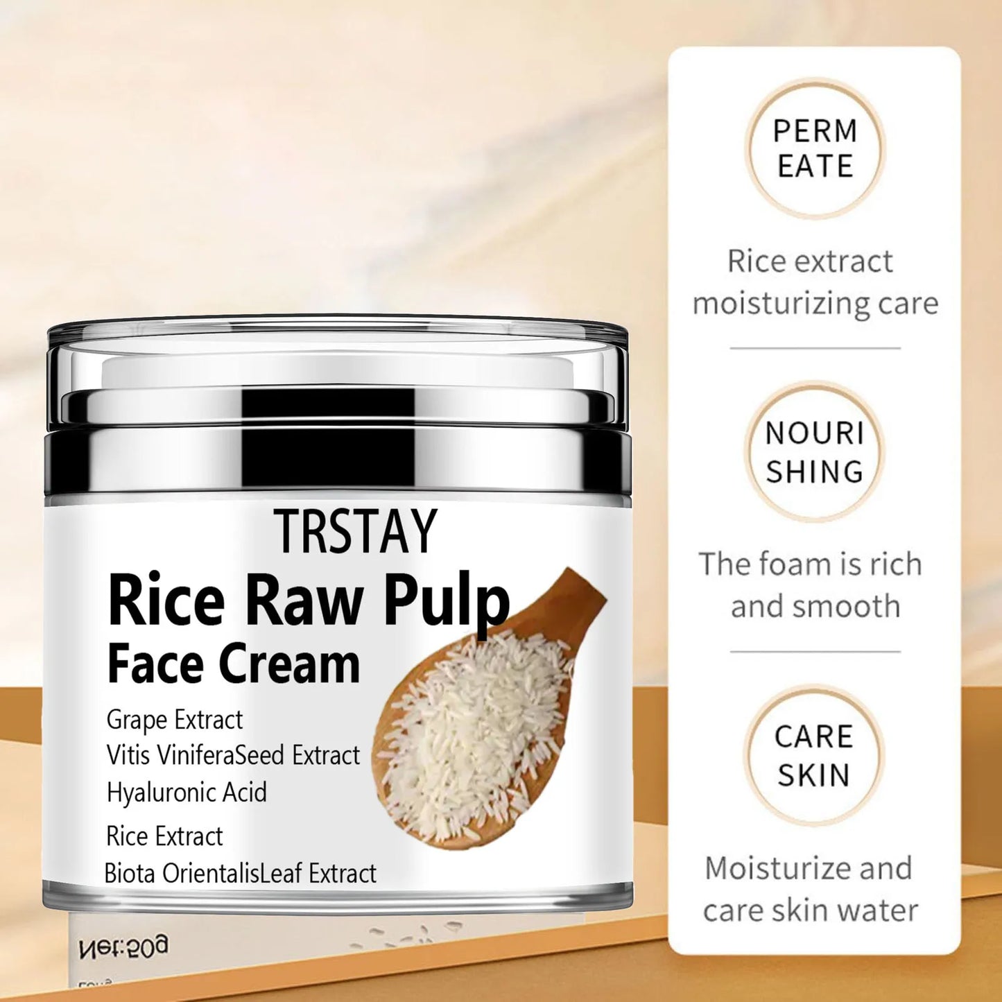 Rice Cream for Face, Rice Raw Pulp Face Cream, Rice Cream Moisturizer for Moisturizing Skin, Shrink Pores, Rice Extract Anti Agi Peaceful Pleasures Health and Wellness