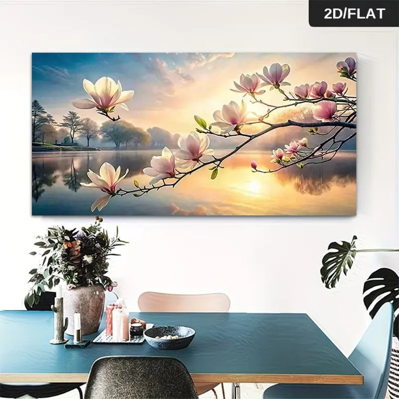 2D Flat Frameless Canvas Art, Elegant Blooming Pink Flowers Lake Reflection Abstract Art, for Living Room, Bedroom, Office Decor Peaceful Pleasures Health and Wellness