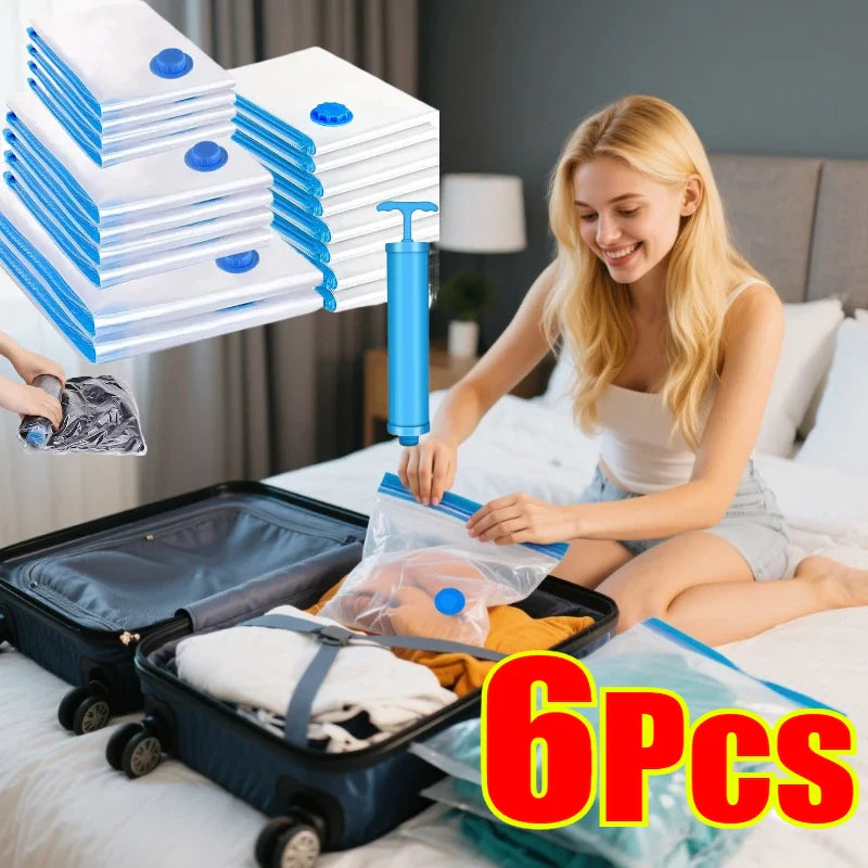 6-Pack Vacuum Storage Bags with Pump – Clothes & Travel