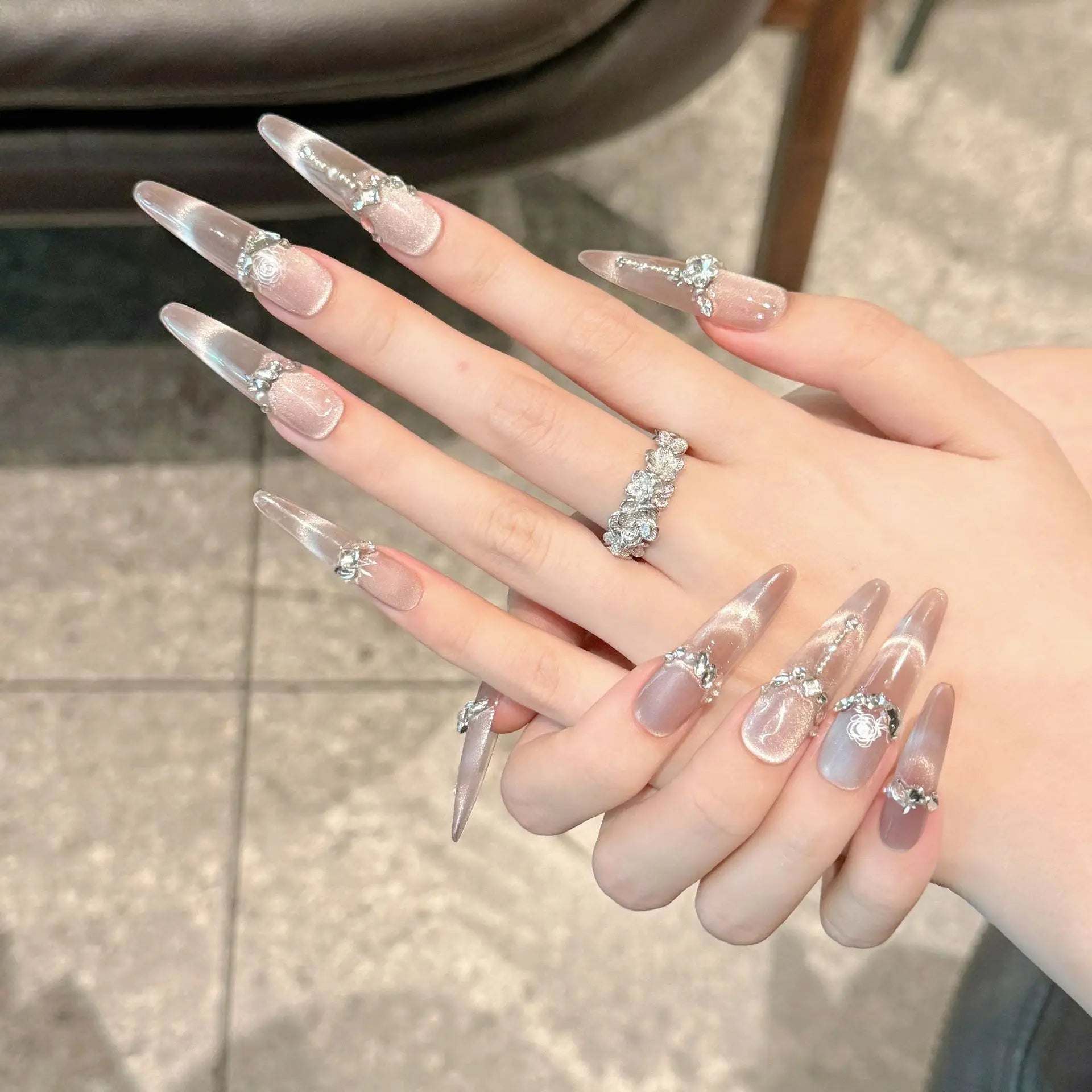 Handmade Press on Nails Glitter Rhinestone Purple Cat Eye Fake Nails Full Cover Wearable European Long Oval Head False Nails Peaceful Pleasures Health and Wellness