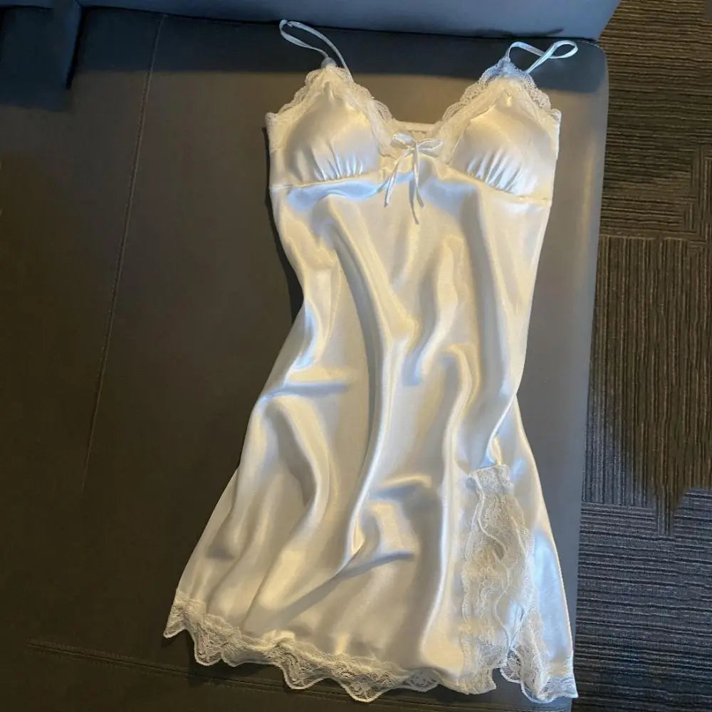 Lace Bow Satin Slip Nightgown | Sleeveless Women's Dress Slip Nightgown Dress Peaceful Pleasures Health and Wellness