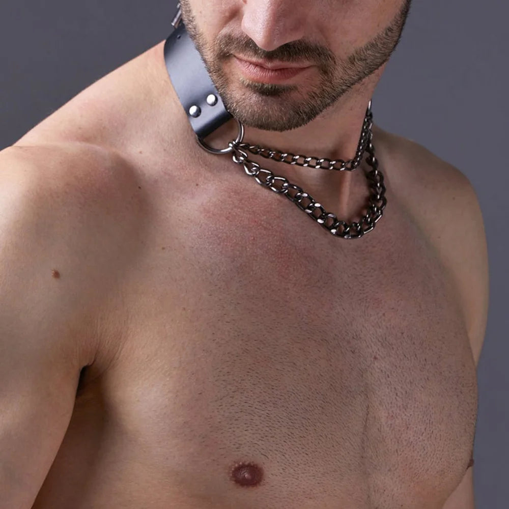 Man Harness Chain Collar PU Leather Handmade Punk Neck Necklace