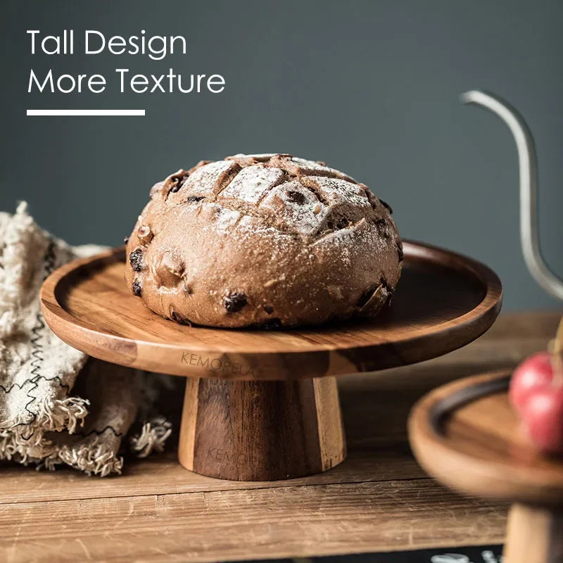 Creative High-Foot Cake Plate Acacia Wood Decoration Tea Plate Dessert Table Display Stand Afternoon Tea Fruit Snack Tray Peaceful Pleasures Health and Wellness