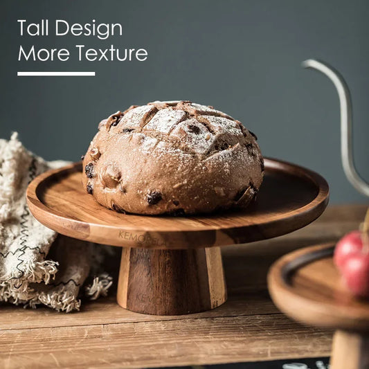 Creative High-Foot Cake Plate Acacia Wood Decoration Tea Plate Dessert Table Display Stand Afternoon Tea Fruit Snack Tray Peaceful Pleasures Health and Wellness