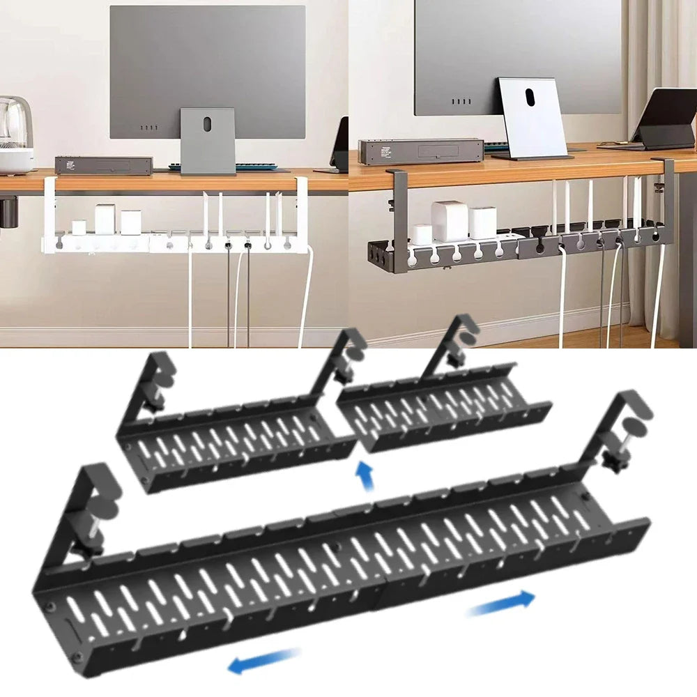 No-Drill Under-Desk Cable Management Tray | Retractable Metal