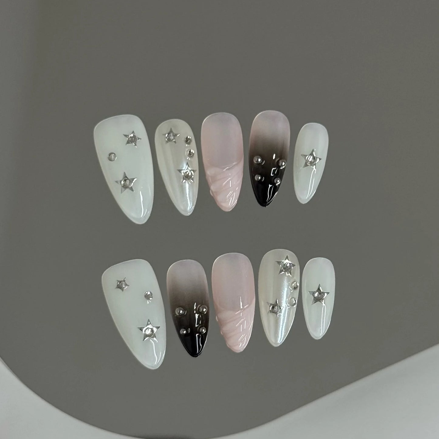 10pcs Handmade Korean Press on Nails Sweet Cool Star Pink White Fake Nail Tips Wearable Summer Night Sky Almond False Nails Peaceful Pleasures Health and Wellness XS 2