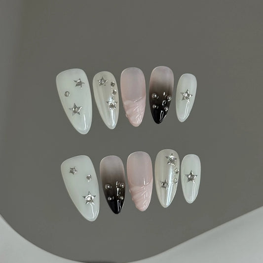 10pcs Handmade Korean Press on Nails Sweet Cool Star Pink White Fake Nail Tips Wearable Summer Night Sky Almond False Nails Peaceful Pleasures Health and Wellness XS 2