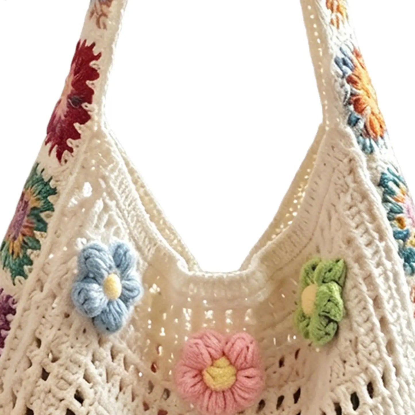 Boho Crochet Flower Tote Bag – Woven Beach Shoulder Handbag