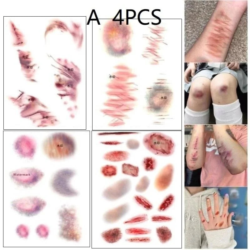 4 Sheets Halloween Wound Bruising Temporary Tattoos for Cosplay Waterproof Scar Tattoo Stickers Lasting Fake Arm & Ankle Ink Peaceful Pleasures Health and Wellness A