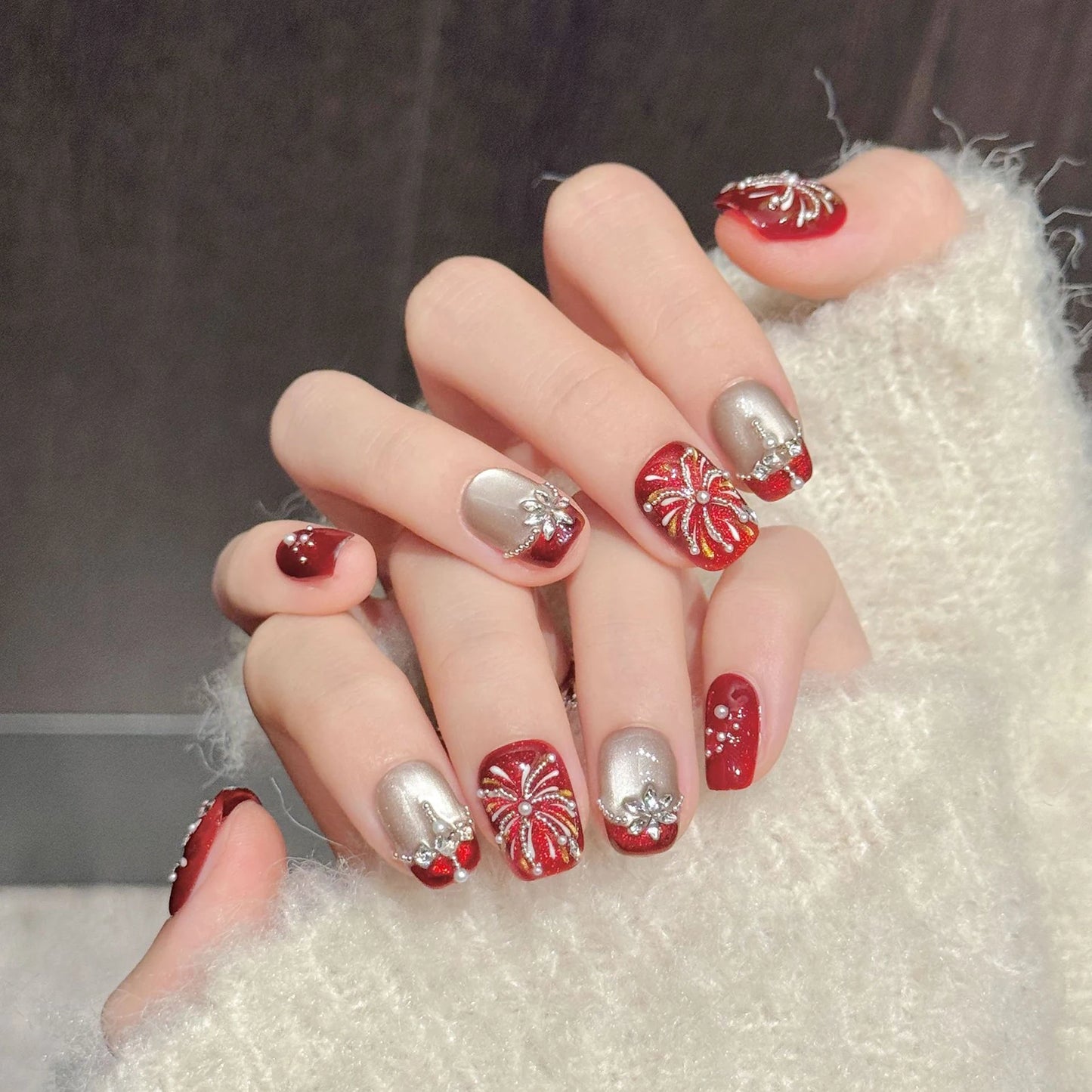 Handmade Press On Nails | Fireworks Diamond Cat Eye French Set