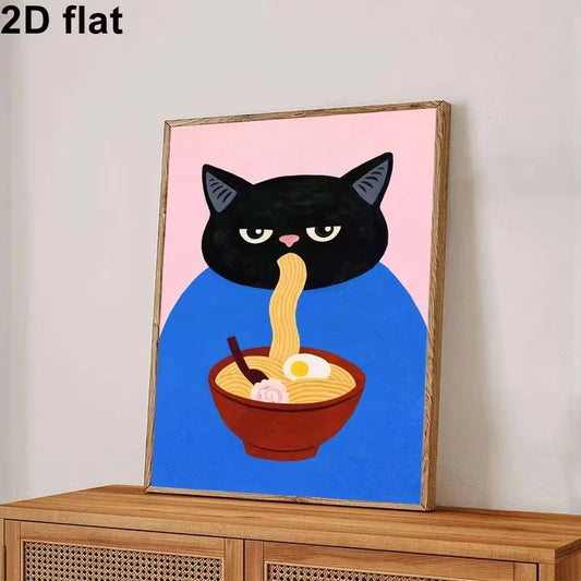 Black Cat Ramen Canvas Wall Art Print | Funny Home Decor Canvas Wall Art Peaceful Pleasures Health and Wellness G4260 21x30cm Wood Framed
