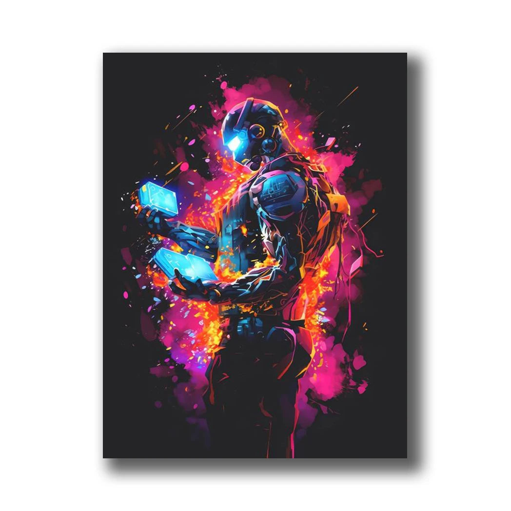 Neon Gaming Canvas Wall Art | Gamepad & Character Poster