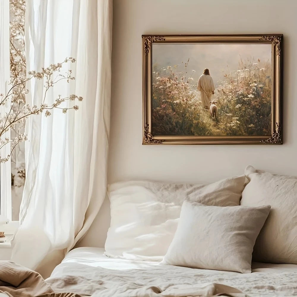 Retro Jesus Good Shepherd Canvas Wall Art | Religious Home Decor
