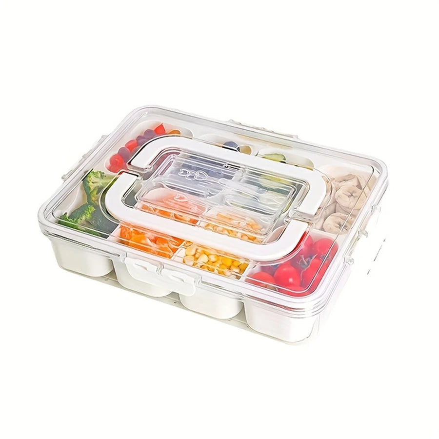 Snackle Box Container with Cutlery Organizer – Divided Serving Tray with Lid, Handle, Fruit Forks & Spoons