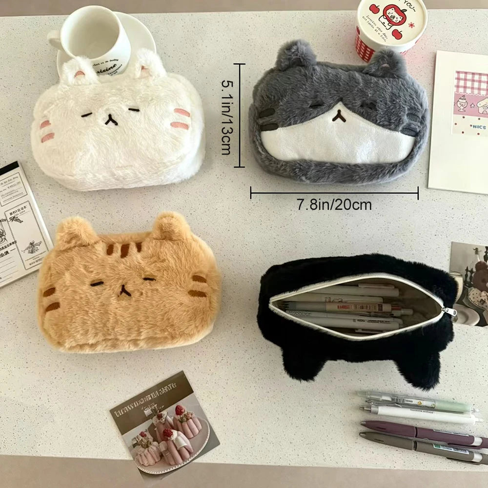 Cartoon Plush Cat Student Pencil Case Embroidered Cute Large Capacity