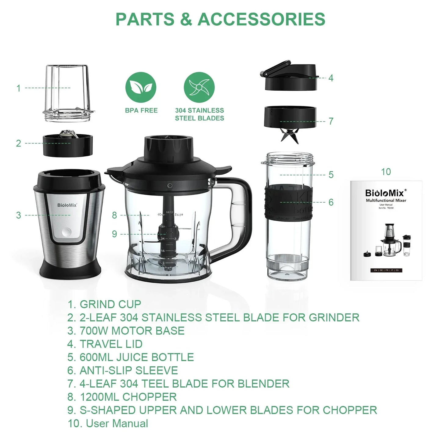 BioloMix 700W 3-in-1 Portable Food Processor, Blender & Dry Grinder Kitchen Appliance Peaceful Pleasures Health and Wellness