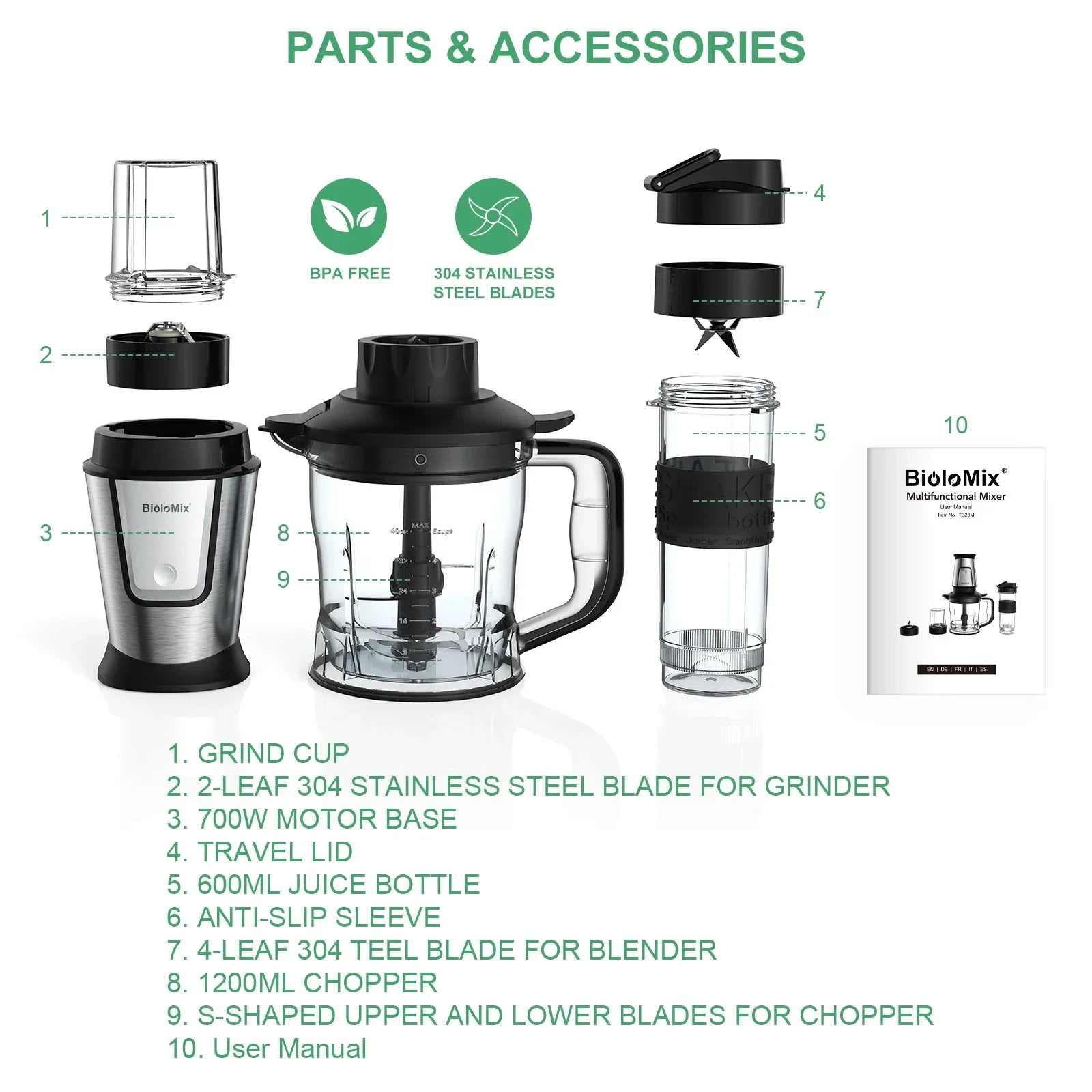 BioloMix 3-in-1 Food Processor – 700W Blender, Chopper & Grinder Food Processor BioloMix