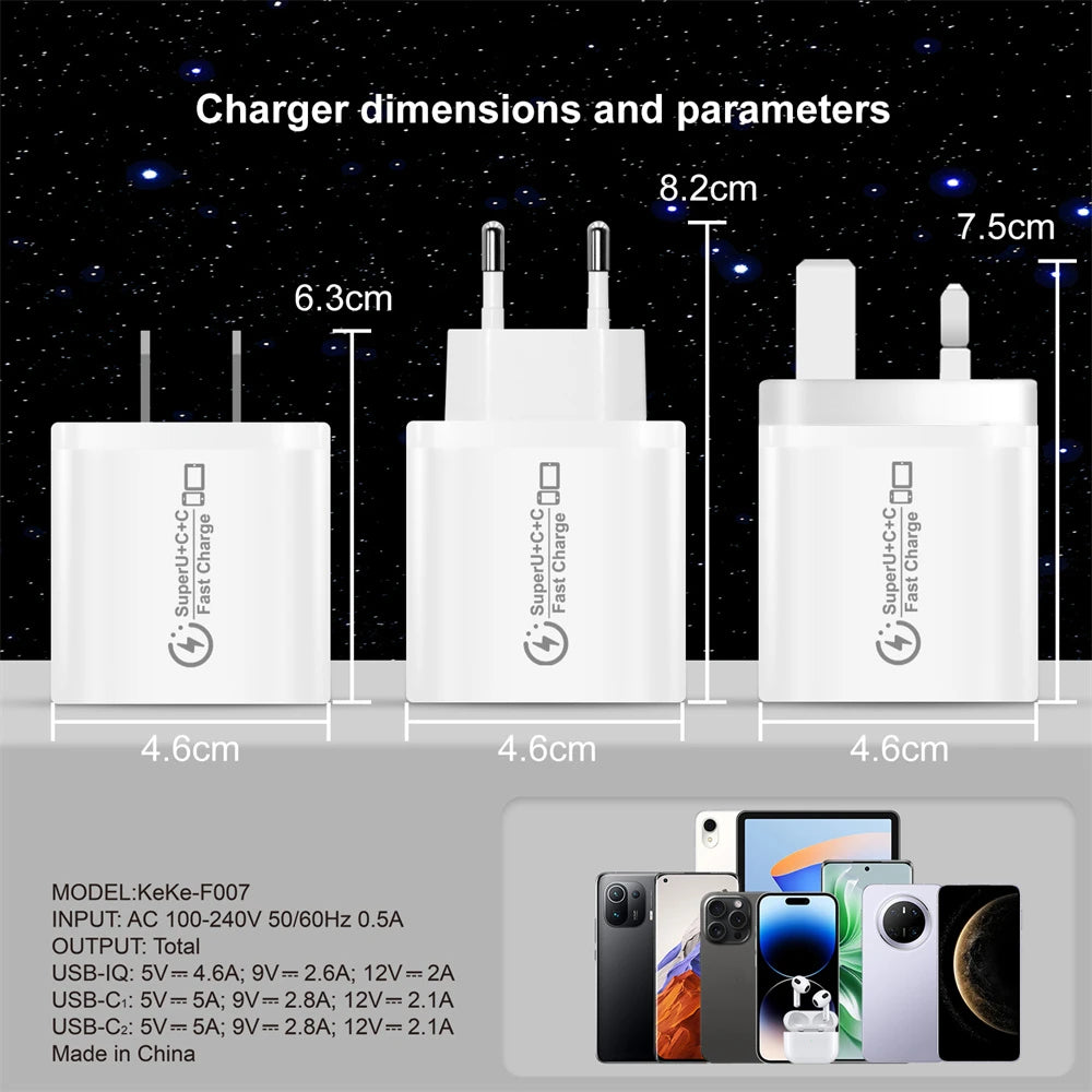48W 3-Port USB-C Fast Charger PD QC 3.0 | EU US UK Plug