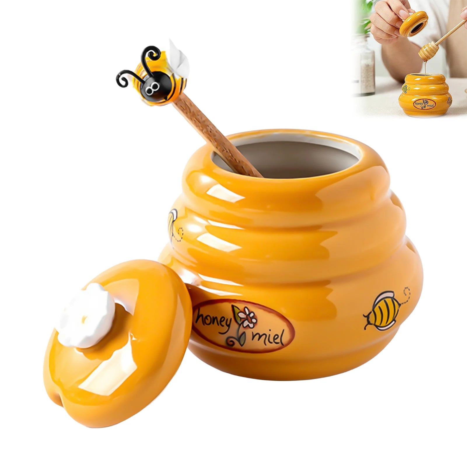 Ceramic Honey Storage Jar With Lid And Stirring Stick Reusable Kitchen Condiment Container For Honey Water Peaceful Pleasures Health and Wellness
