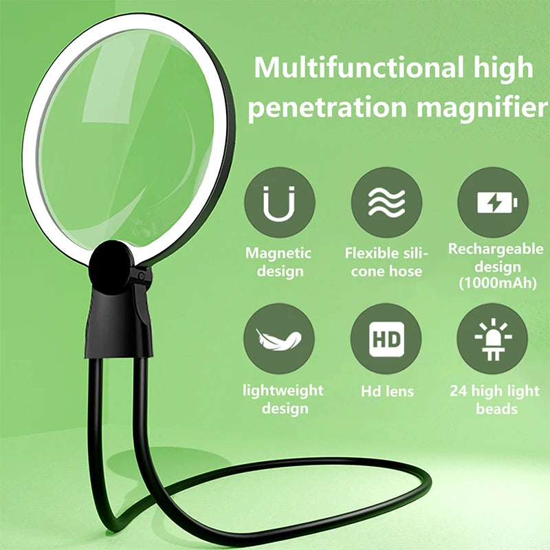 Magnifying Glass with Light for Reading: 5X Hands Free Magnifier for Neck Wear Seniors Sewing Low Vision Elderly Peaceful Pleasures Health and Wellness black