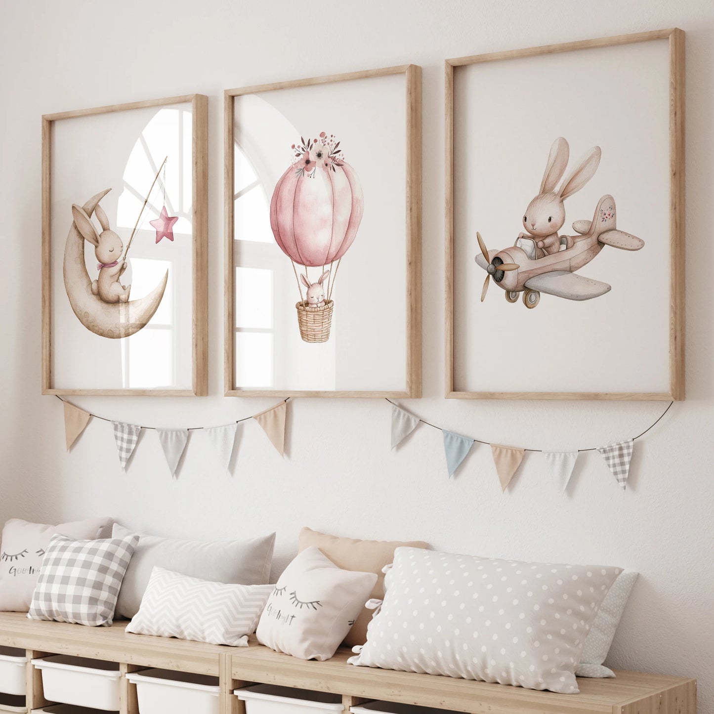 3-Piece Rabbit Hot Air Balloon Canvas Wall Art Print Set Canvas Wall Art Set Peaceful Pleasures Health and Wellness GP045-3pcs 30x40cm Wood Framed