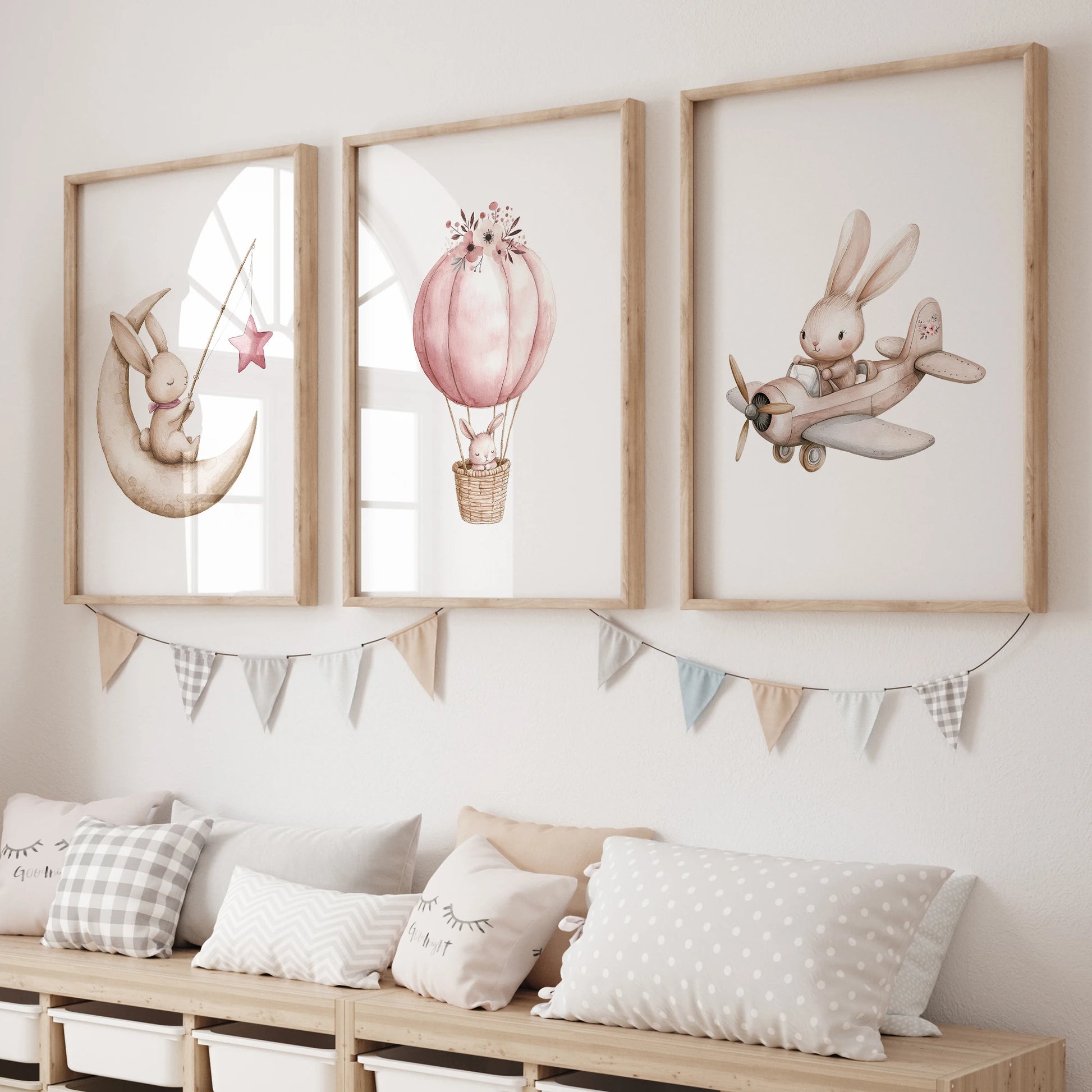 3-Piece Rabbit Hot Air Balloon Canvas Wall Art Print Set Canvas Wall Art Set Peaceful Pleasures Health and Wellness GP045-3pcs 30x40cm Wood Framed