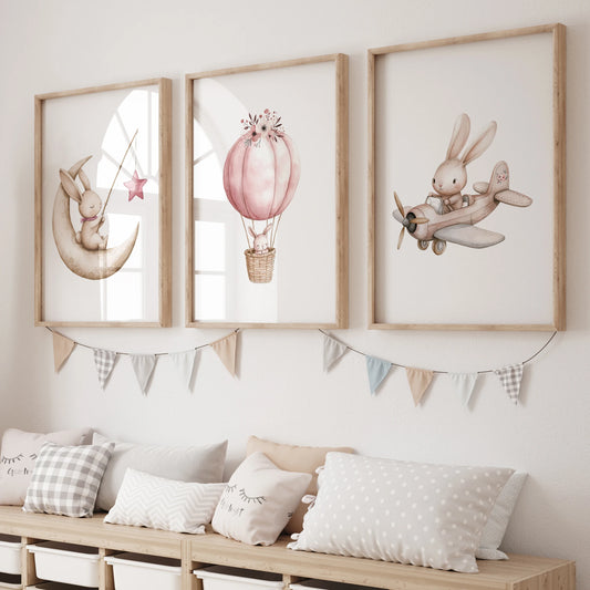3-Piece Rabbit Hot Air Balloon Canvas Wall Art Print Set Canvas Wall Art Set Peaceful Pleasures Health and Wellness GP045-3pcs 30x40cm Wood Framed