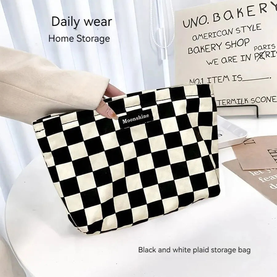 Black & White Plaid Large Cosmetic Bag | Checkerboard Toiletry