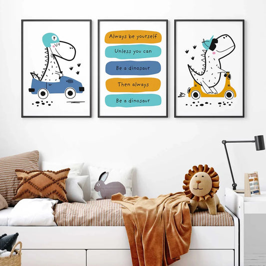 3-Piece Cartoon Dinosaur Quote Canvas Wall Art | Kids Room Canvas Wall Art Set Peaceful Pleasures Health and Wellness G4412-3pcs 30x40cm Metal Framed