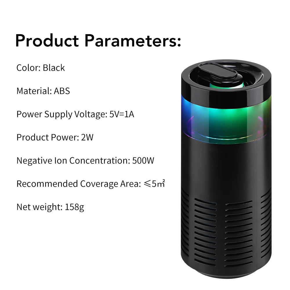 Car Air Purifier With Aroma Diffuser & Led Light for Smoke Pets Odors 5 Million Negative Ion Car Odor Eliminator Air Freshener Peaceful Pleasures Health and Wellness black