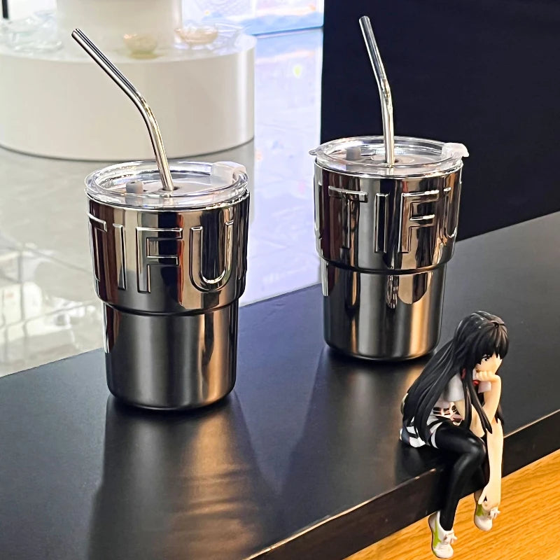 Mirrored Glass Coffee Cup with Lid & Straw – 420ml Glass Drinkware Cup Peaceful Pleasures Health and Wellness Clear