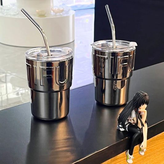 Mirrored Glass Coffee Cup with Lid & Straw – 420ml Glass Drinkware Cup Peaceful Pleasures Health and Wellness Clear