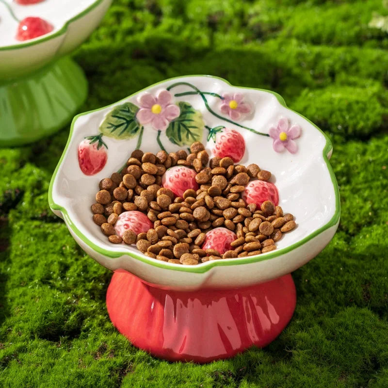 Ceramic Strawberry Slow Feeder Cat Bowl | Elevated Anti-Tip