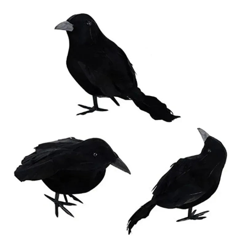 Realistic Black Crow Halloween Decoration – Flocked Feather Prop