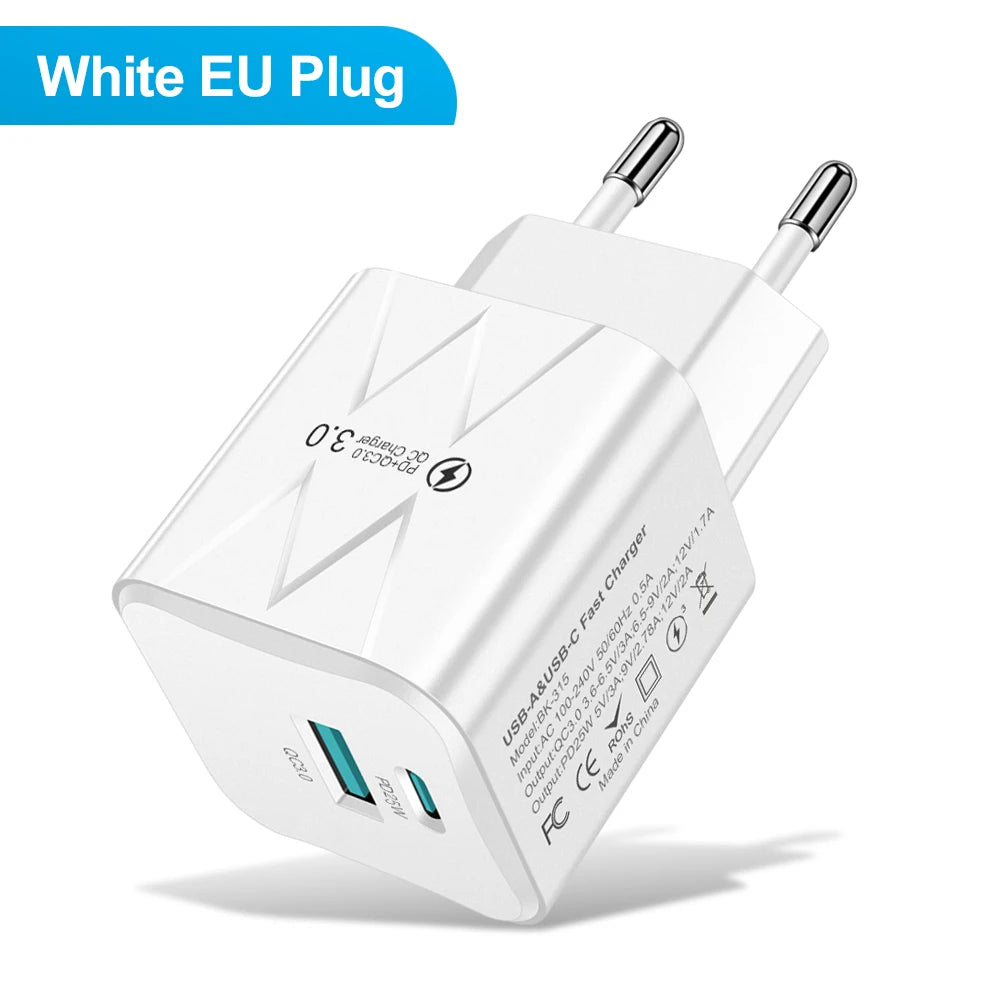 25W PD QC3.0 Dual Port Fast Charger USB-C Travel Adapter