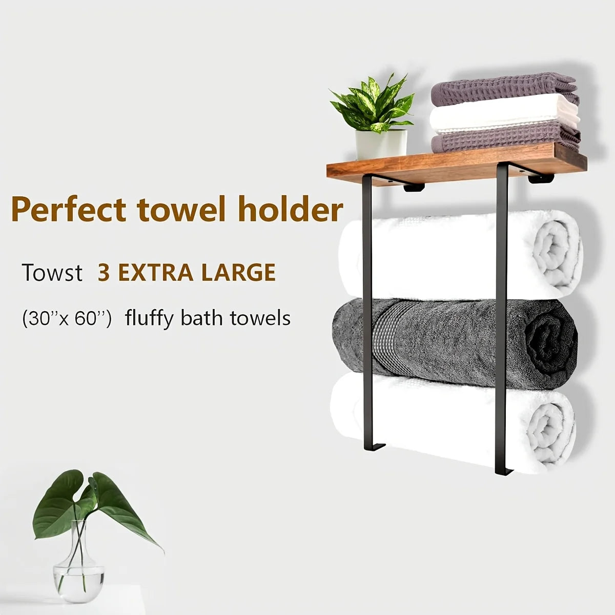 Black Minimalist Towel Rack with Wooden Shelf | Bathroom Wall Mount Wall-Mounted Towel Rack Peaceful Pleasures Health and Wellness