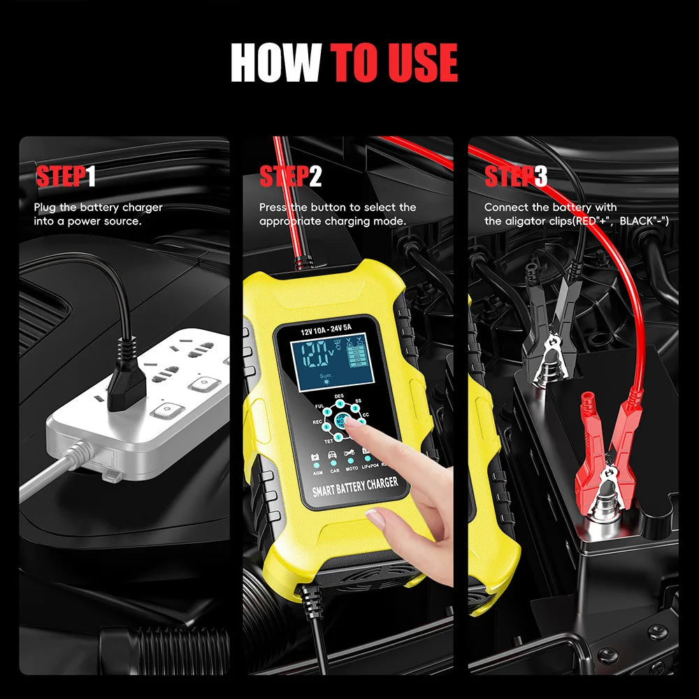 12V/10A 24V/5A Car Battery Charger Full Automatic Smart AGM Wet Battery Maintainer Portable Trickle Charger Peaceful Pleasures Health and Wellness