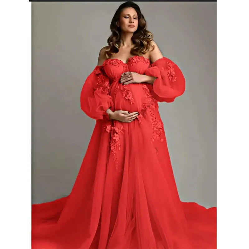 Hand-Finished Pink Maternity Photo Gown - Off-Shoulder Sheer Tulle Dress Embroidery Appliques - Baby Shower Pregnancy Shoot Robe Peaceful Pleasures Health and Wellness RED US 8