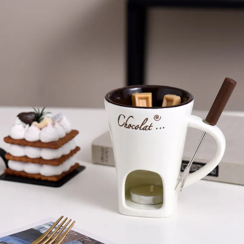 130ML European Candle Cup Cheese Chocolate Melting Ceramic Mug Heating Food Ceramic Mug with Fork Creative Coffee Mug Tableware Peaceful Pleasures Health and Wellness White Candle-free