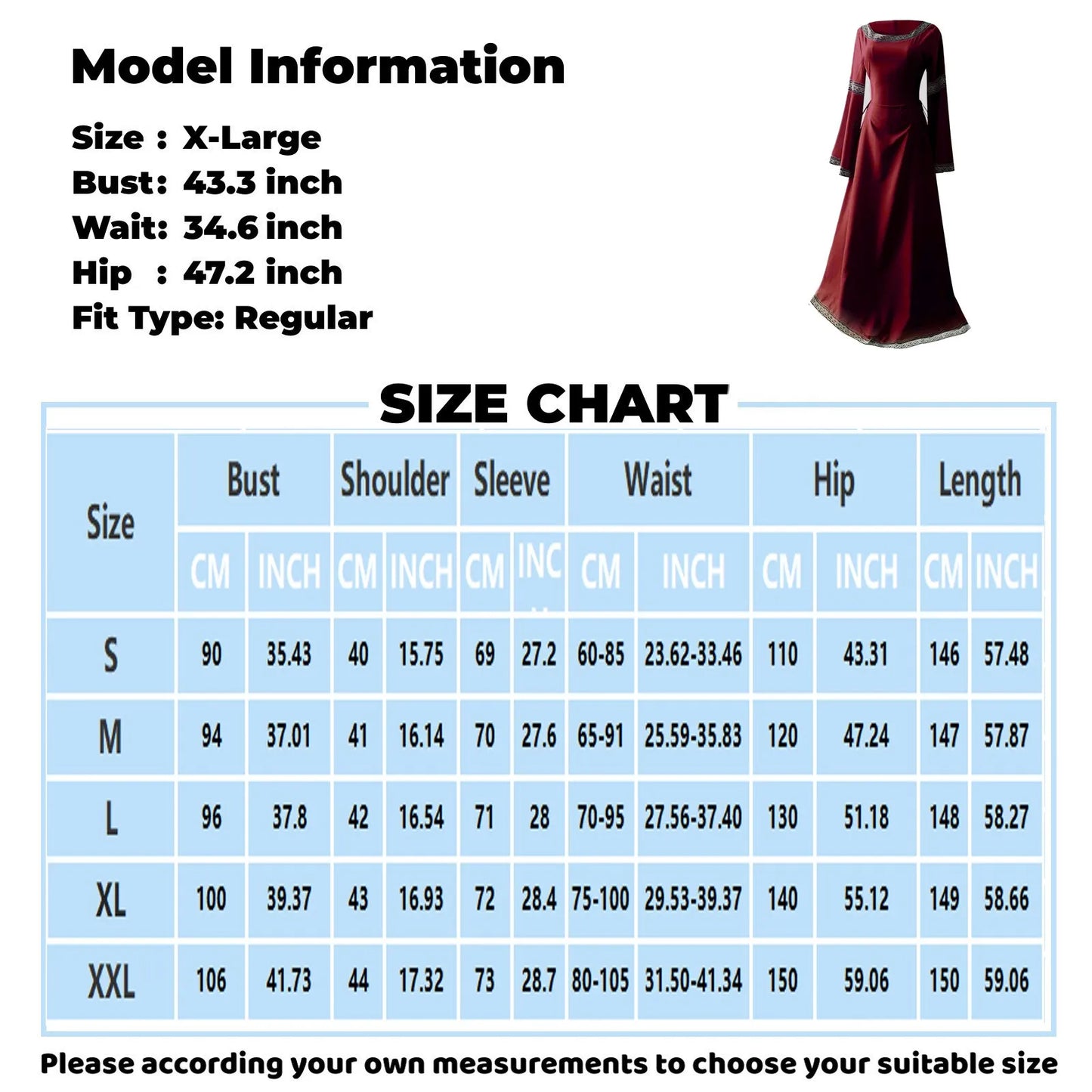 Women's Medieval Renaissance Trumpet Sleeve Lace Maxi Gown