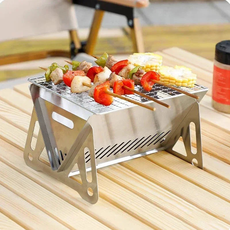 Wood Burning Camp Stove Picnic BBQ Cooker Stainless Steel Folding Backpacking Stove with Grill-Grid Wood Fire Stove for Outdoor Peaceful Pleasures Health and Wellness