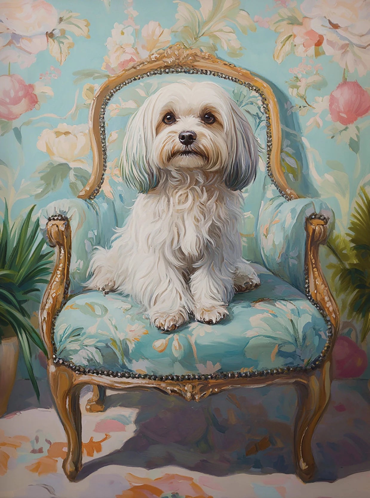 Dog on Stool Retro Canvas Wall Art | Bichon Frise Pomeranian