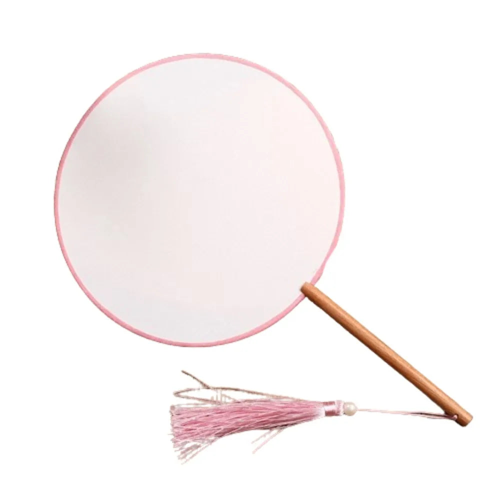 Blank Round Hand Fan – Vintage Wooden Silk DIY Art Fan with Tassel