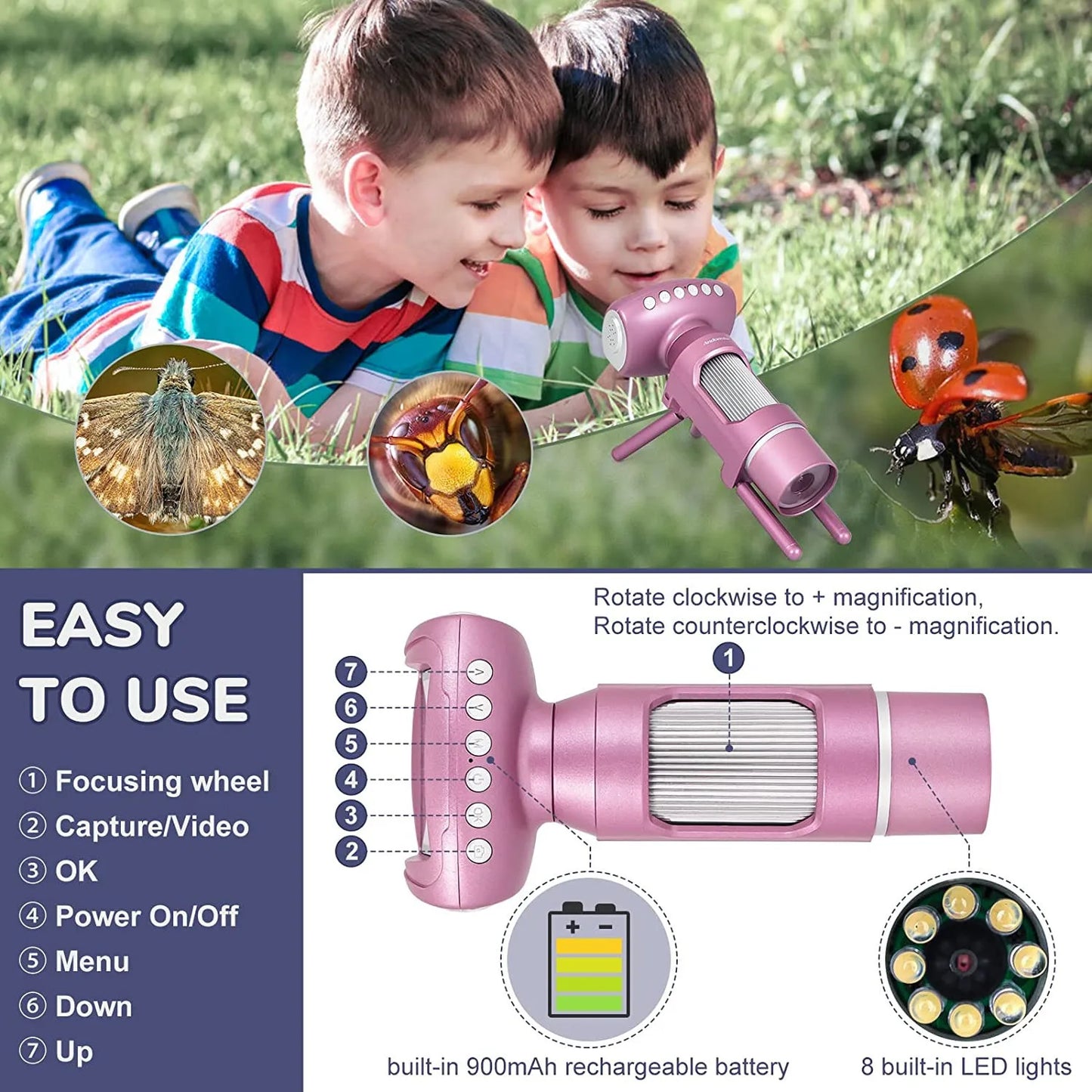 Children's Digital Microscope Camera 3-In-1 Children's Puzzle Toy 2-Inch Large Screen Peaceful Pleasures Health and Wellness