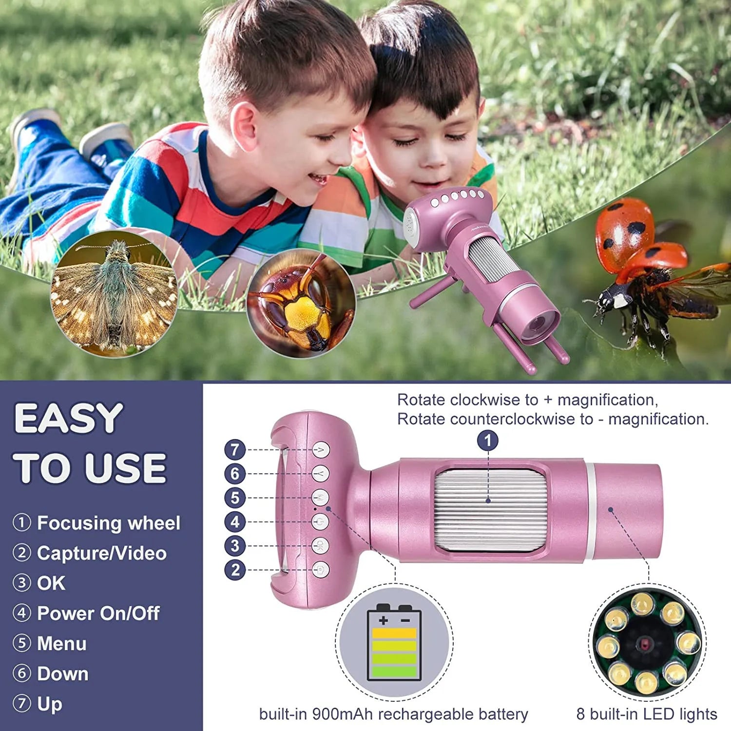 Children's Digital Microscope Camera 3-In-1 Children's Puzzle Toy 2-Inch Large Screen Peaceful Pleasures Health and Wellness